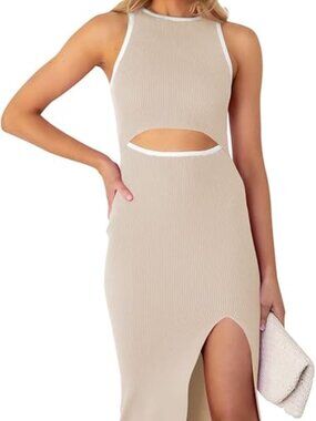 PINK QUEEN Midi Cutout Sleeveless Knit Dress, Mocha, Women's Size M